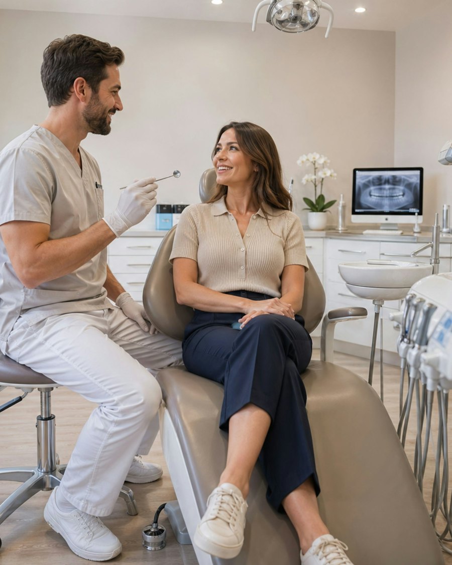 Dentista conversando com paciente em consultório (imagem ilustrativa)
